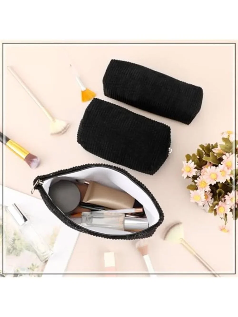 3 Pcs Corduroy Makeup Bag Set Cosmetic Pouch Travel Toiletry Organizer Purse Bag